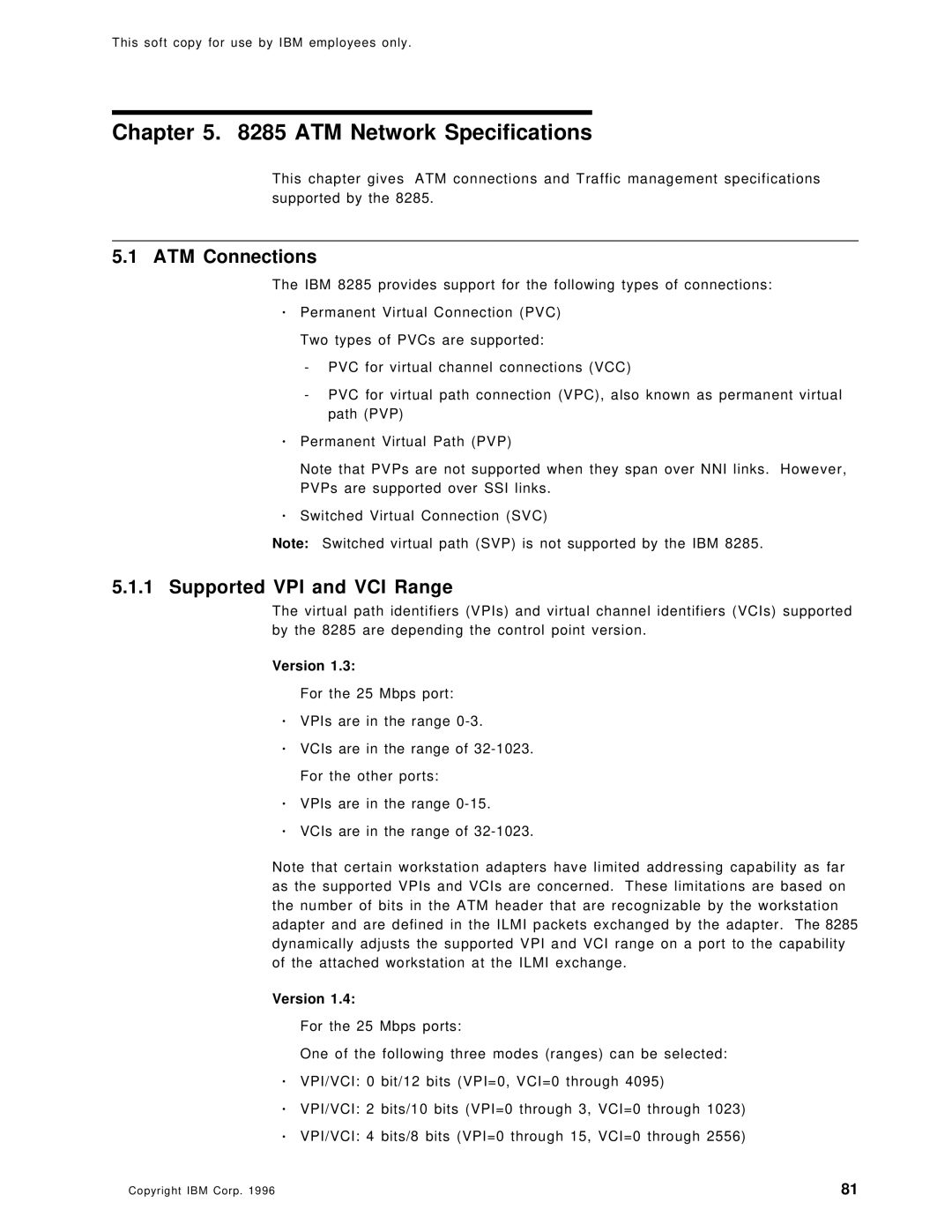 IBM SG24-4817-00 manual ATM Network Specifications, Supported VPI and VCI Range, Version 