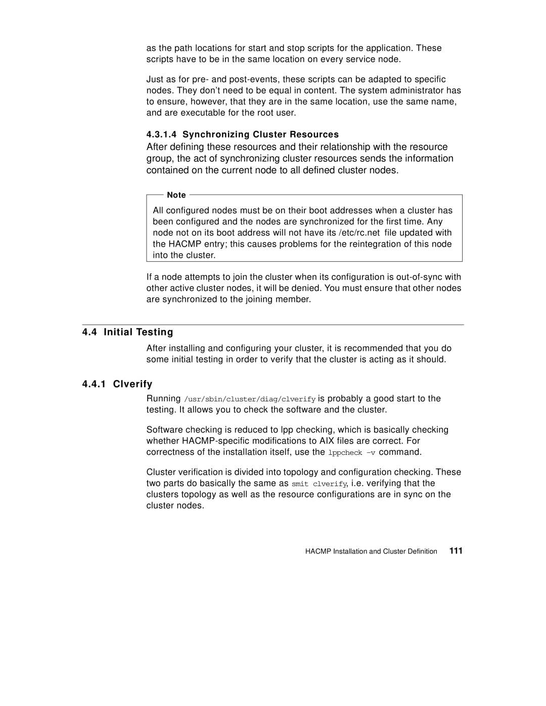 IBM SG24-5131-00 manual Initial Testing, Clverify, Synchronizing Cluster Resources 