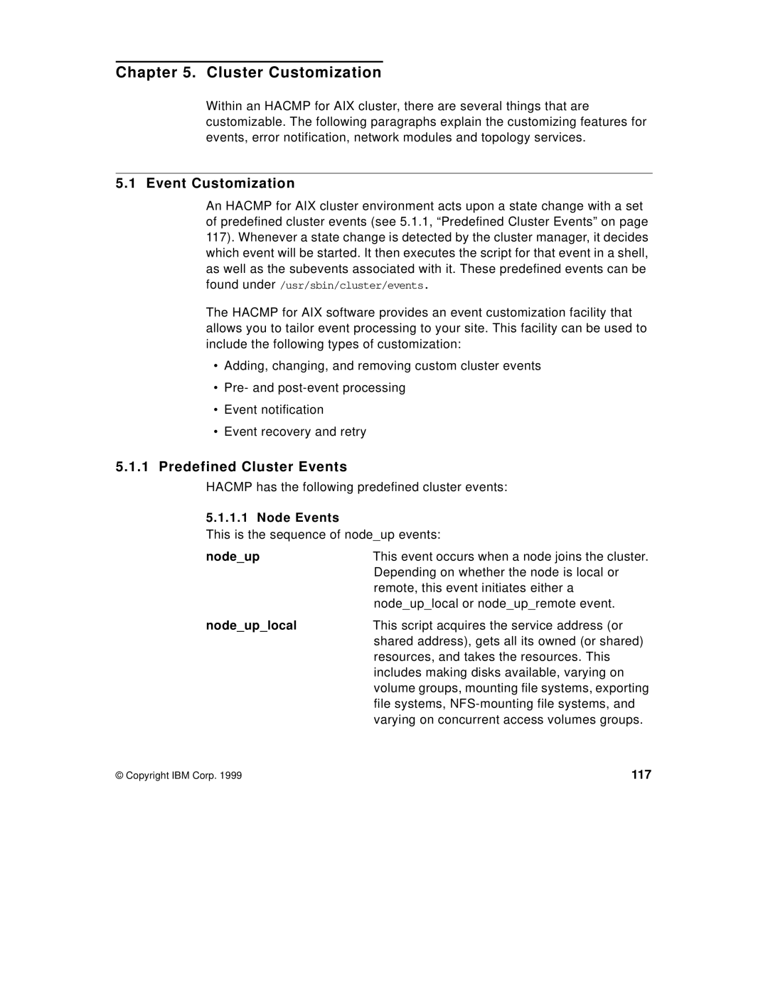 IBM SG24-5131-00 manual Cluster Customization, Predefined Cluster Events 