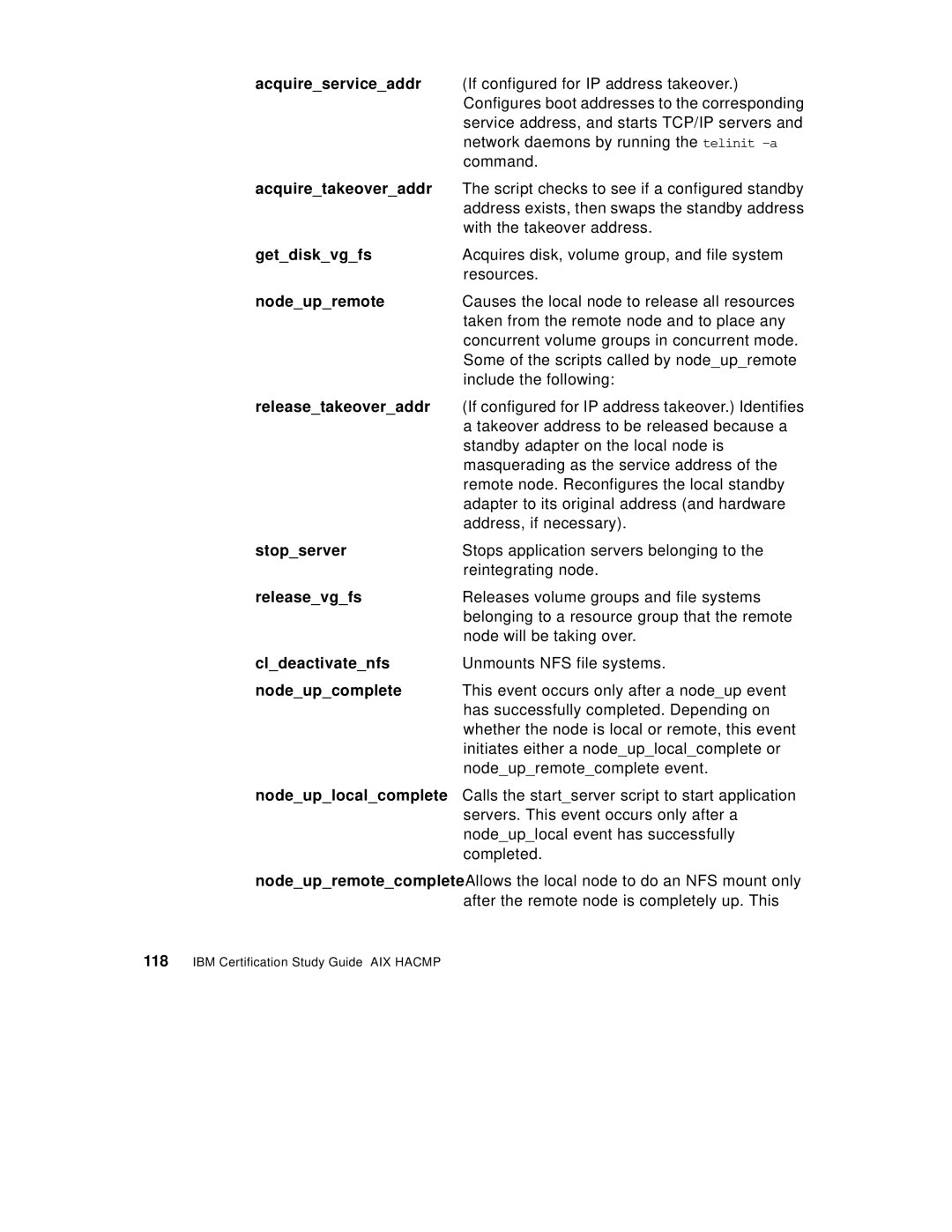 IBM SG24-5131-00 manual Acquireserviceaddr, Acquiretakeoveraddr, Getdiskvgfs, Nodeupremote, Releasetakeoveraddr, Stopserver 