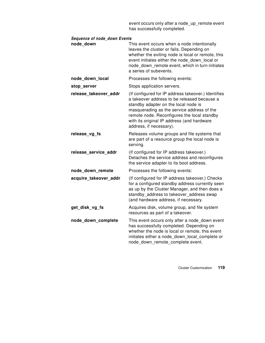 IBM SG24-5131-00 manual Sequence of nodedown Events, Nodedownlocal, Releaseserviceaddr, Nodedownremote, Nodedowncomplete 