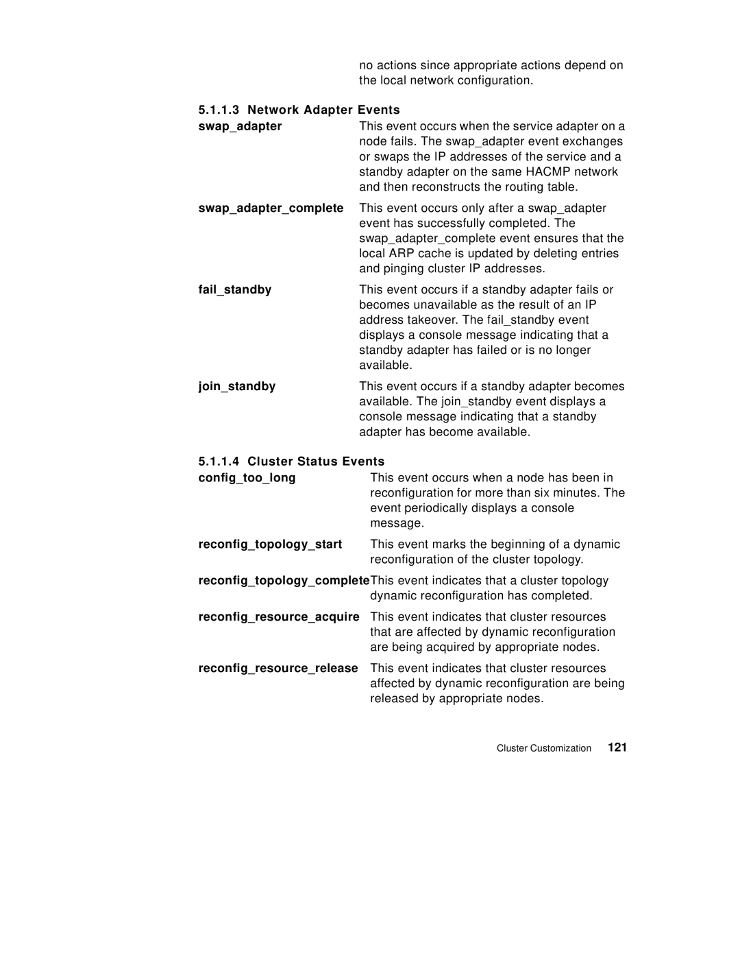 IBM SG24-5131-00 manual Network Adapter Events, Swapadapter, Failstandby, Joinstandby, Cluster Status Events, Configtoolong 