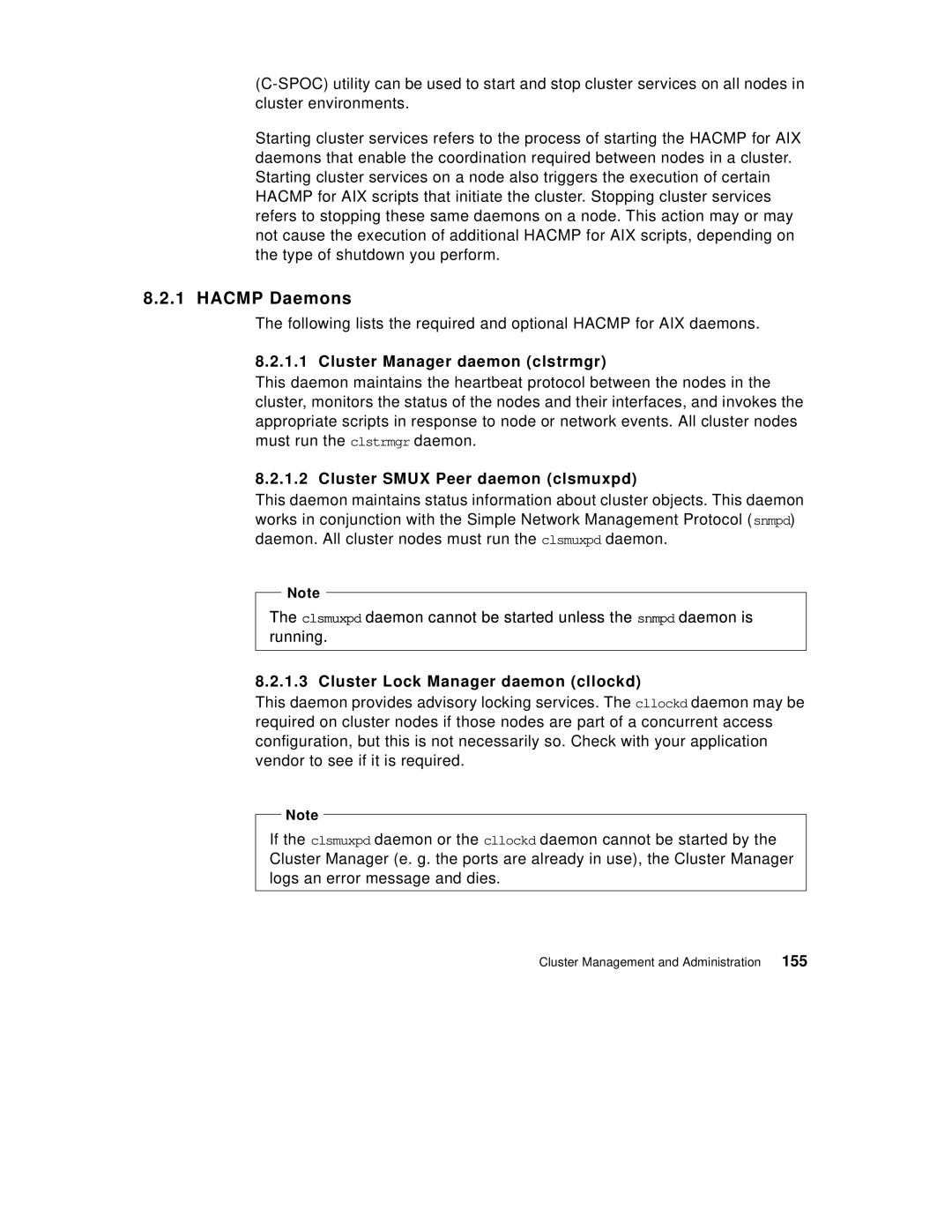 IBM SG24-5131-00 manual Hacmp Daemons, Cluster Manager daemon clstrmgr, Cluster Smux Peer daemon clsmuxpd 