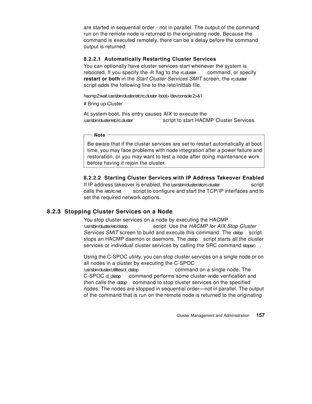 IBM SG24-5131-00 manual Stopping Cluster Services on a Node, Automatically Restarting Cluster Services 