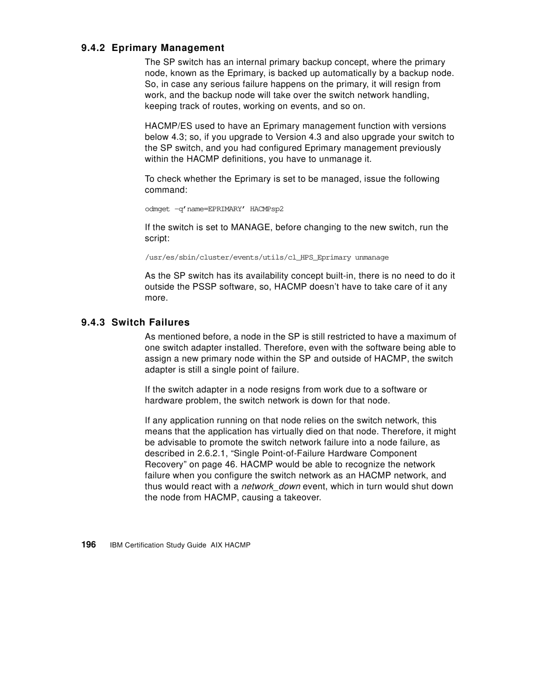 IBM SG24-5131-00 manual Eprimary Management, Switch Failures 