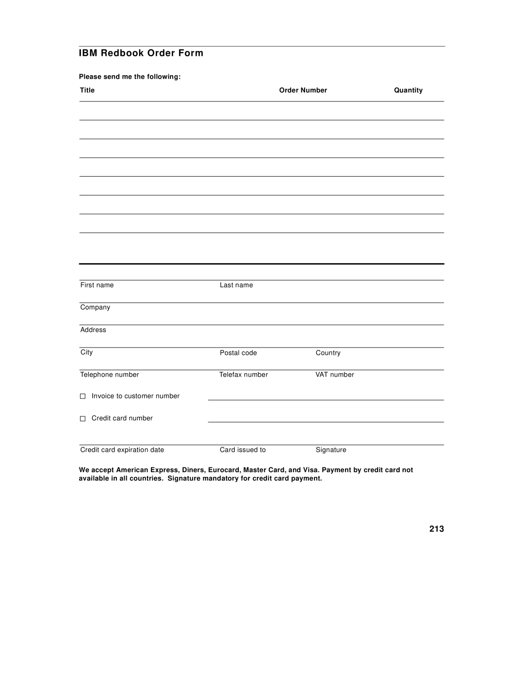 IBM SG24-5131-00 manual IBM Redbook Order Form, 213 