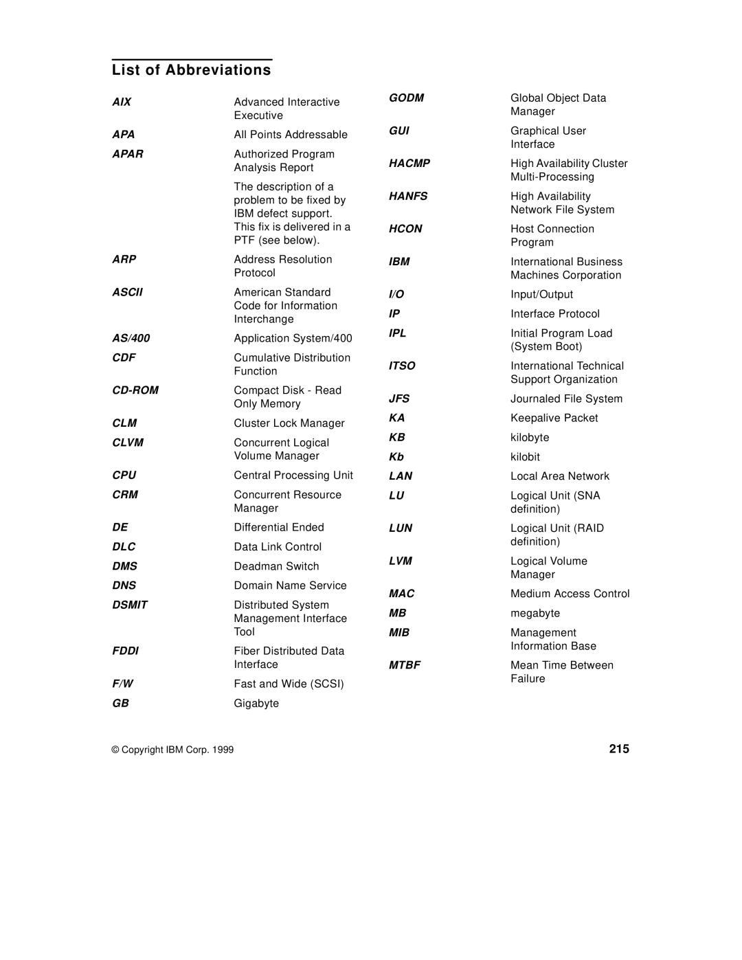 IBM SG24-5131-00 manual List of Abbreviations, 215 