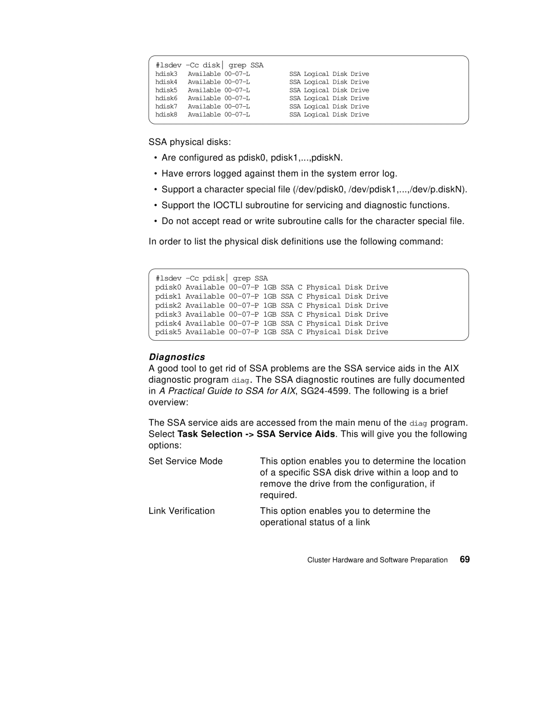 IBM SG24-5131-00 manual Diagnostics, #lsdev -Cc disk grep SSA 