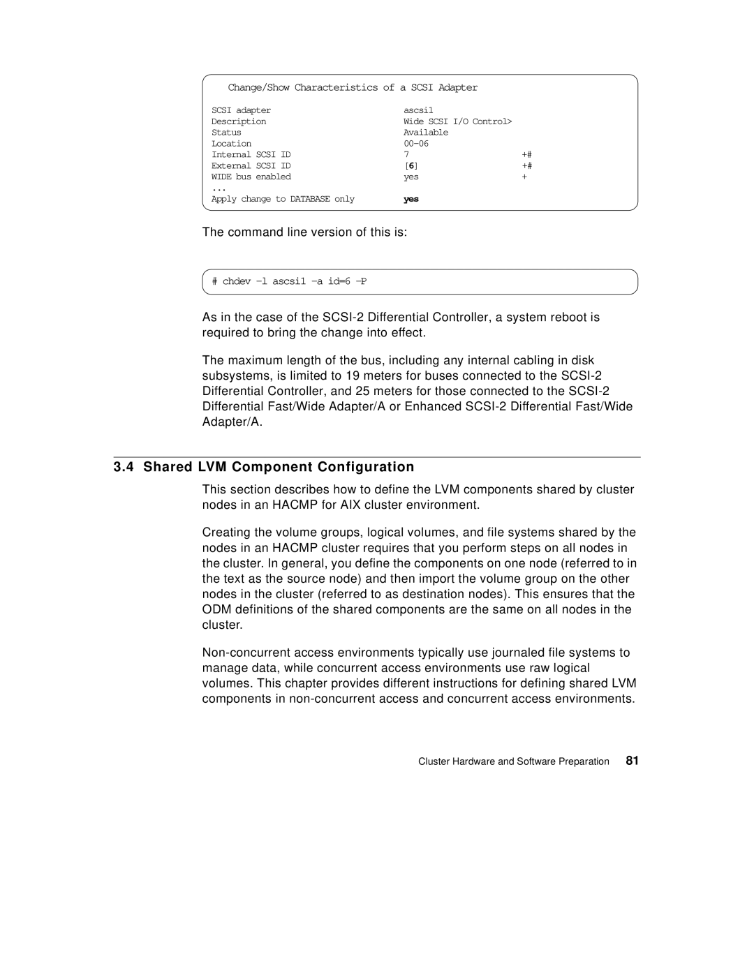 IBM SG24-5131-00 manual Shared LVM Component Configuration, Change/Show Characteristics of a Scsi Adapter 