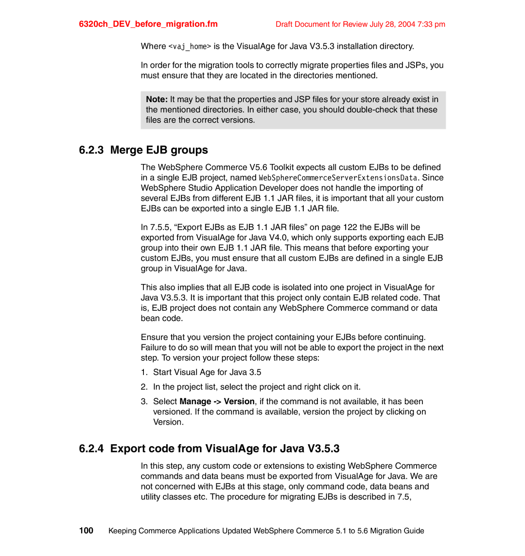 IBM SG24-6320-00 manual Merge EJB groups, Export code from VisualAge for Java 