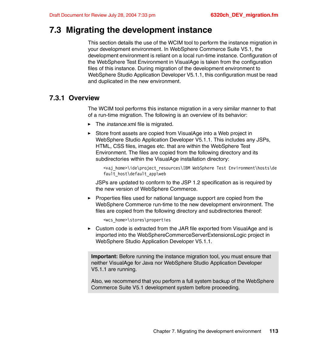 IBM SG24-6320-00 manual Migrating the development instance, Overview 