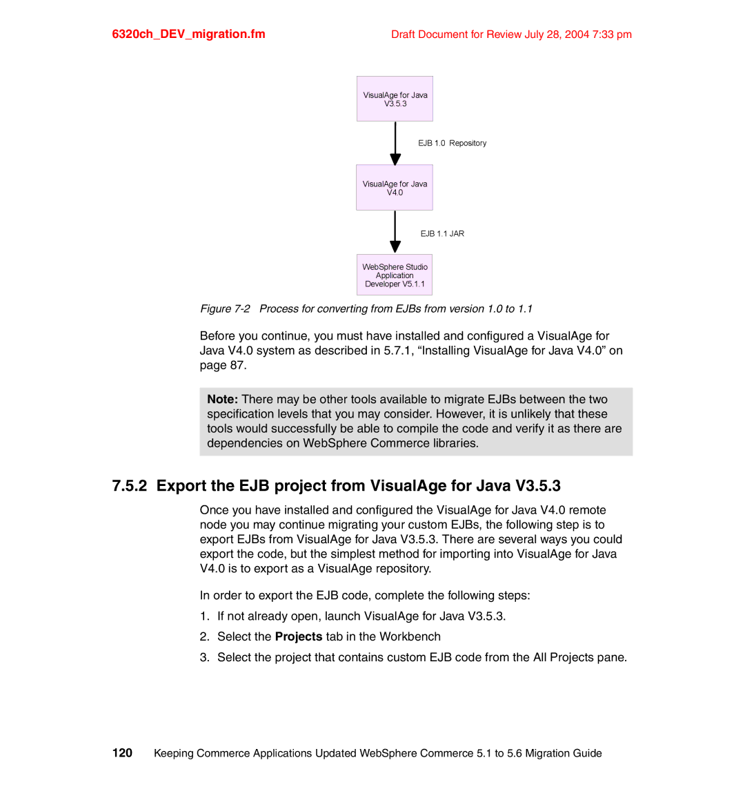 IBM SG24-6320-00 Export the EJB project from VisualAge for Java, Process for converting from EJBs from version 1.0 to 