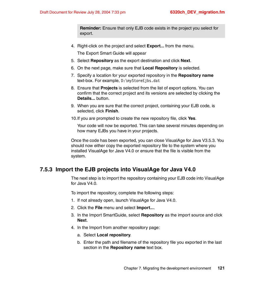 IBM SG24-6320-00 manual Import the EJB projects into VisualAge for Java 