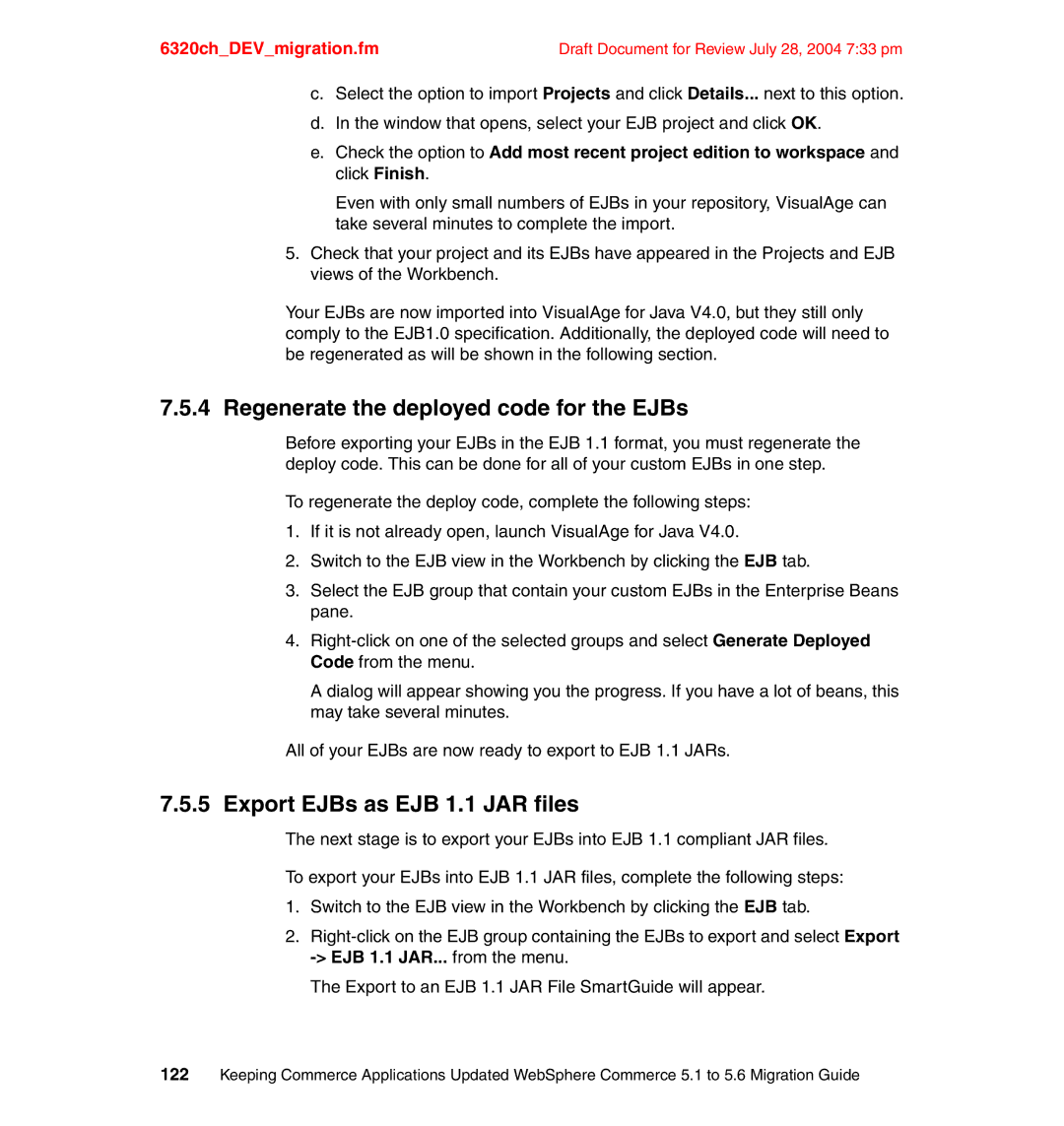 IBM SG24-6320-00 manual Regenerate the deployed code for the EJBs, Export EJBs as EJB 1.1 JAR files 