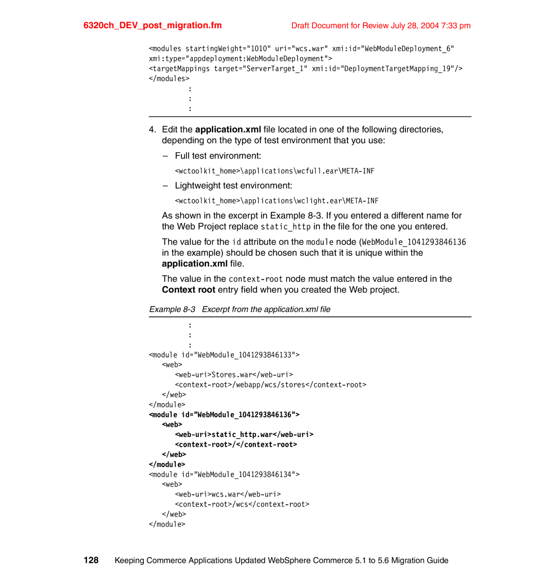 IBM SG24-6320-00 manual Example 8-3 Excerpt from the application.xml file 