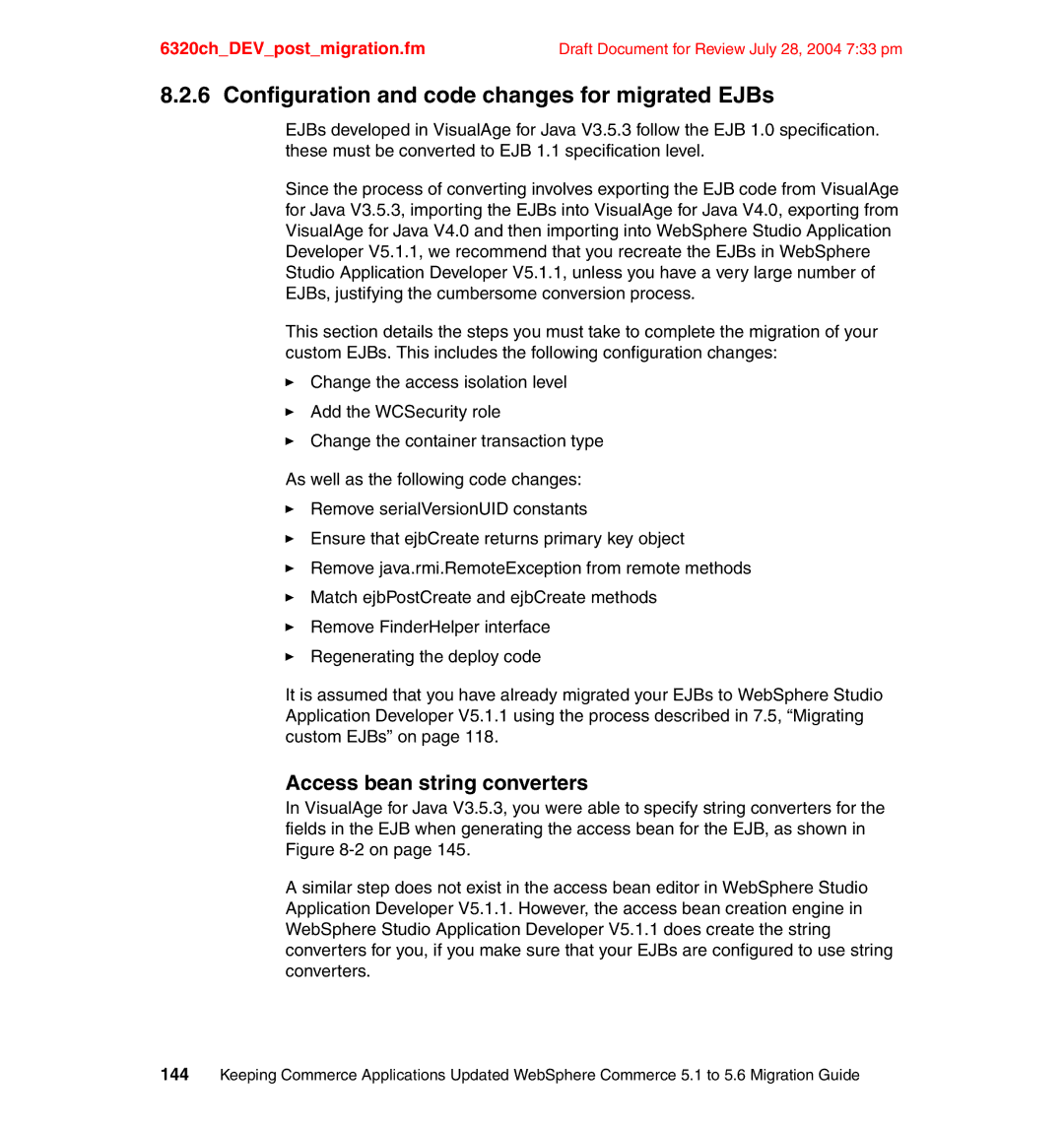 IBM SG24-6320-00 manual Configuration and code changes for migrated EJBs, Access bean string converters 