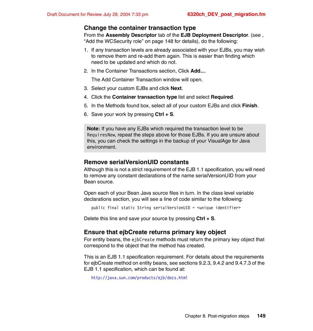 IBM SG24-6320-00 manual Change the container transaction type, Remove serialVersionUID constants 