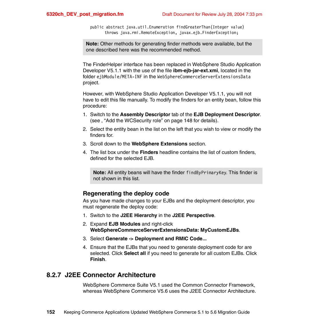 IBM SG24-6320-00 manual 7 J2EE Connector Architecture, Regenerating the deploy code 