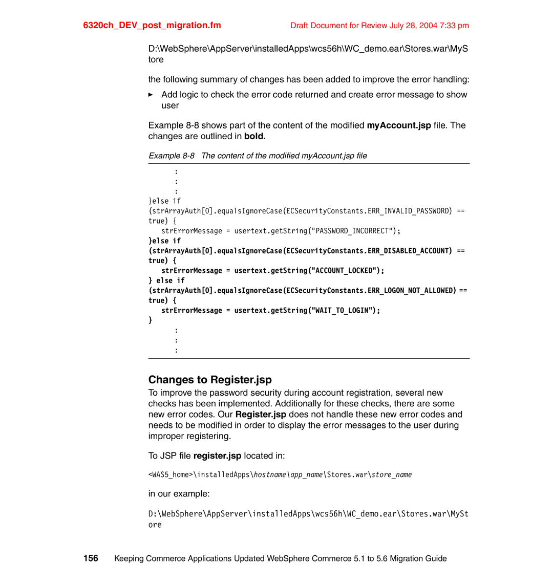 IBM SG24-6320-00 manual Changes to Register.jsp, Example 8-8 The content of the modified myAccount.jsp file 