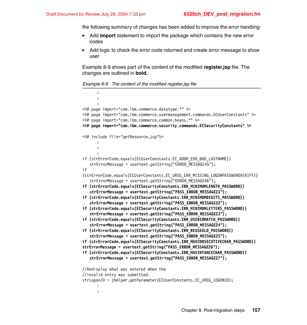 IBM SG24-6320-00 manual Example 8-9 The content of the modified register.jsp file, @ include file=getResource.jsp% 