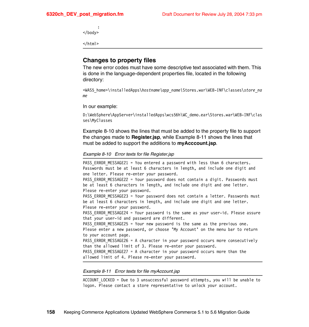 IBM SG24-6320-00 manual Changes to property files, Example 8-10 Error texts for file Register.jsp 