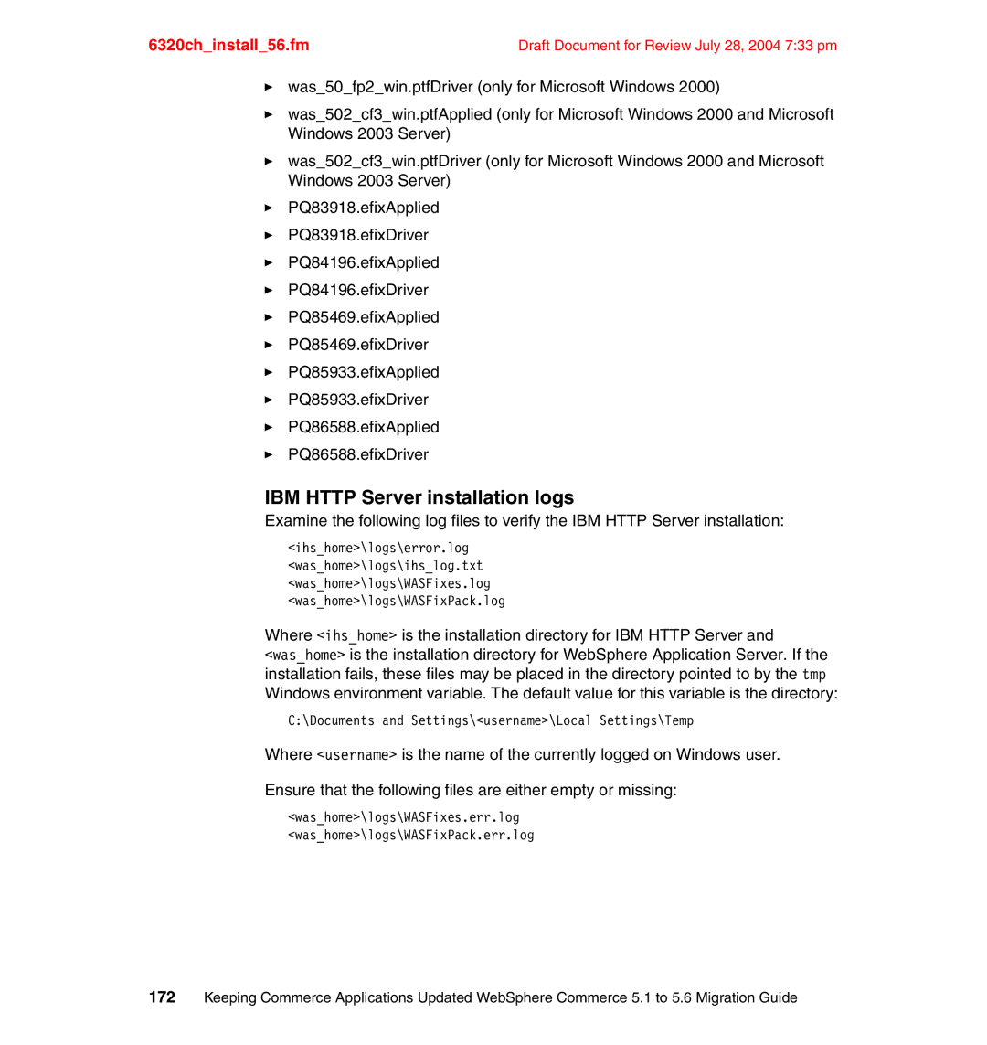 IBM SG24-6320-00 manual IBM Http Server installation logs 