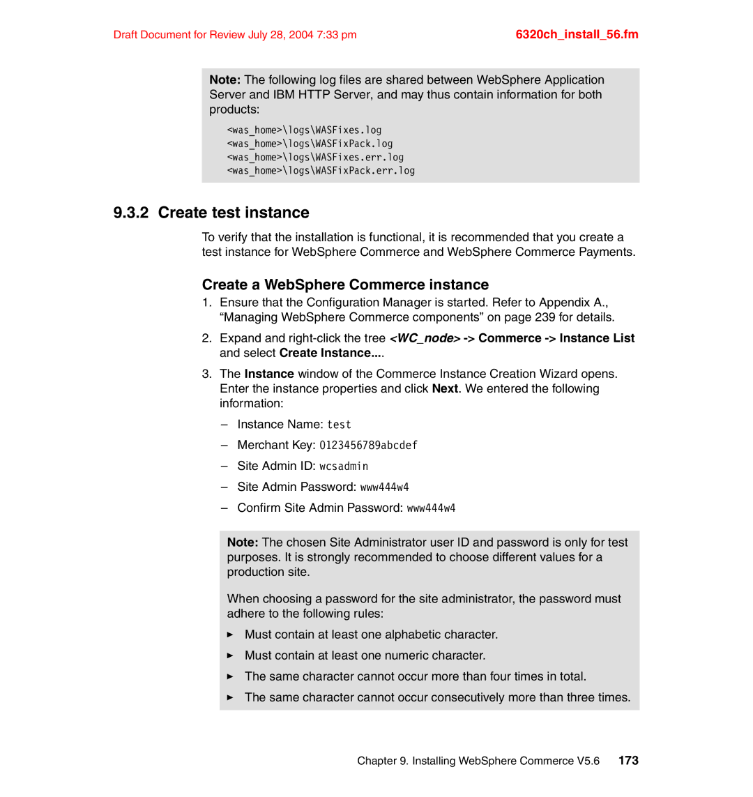 IBM SG24-6320-00 manual Create test instance, Create a WebSphere Commerce instance 