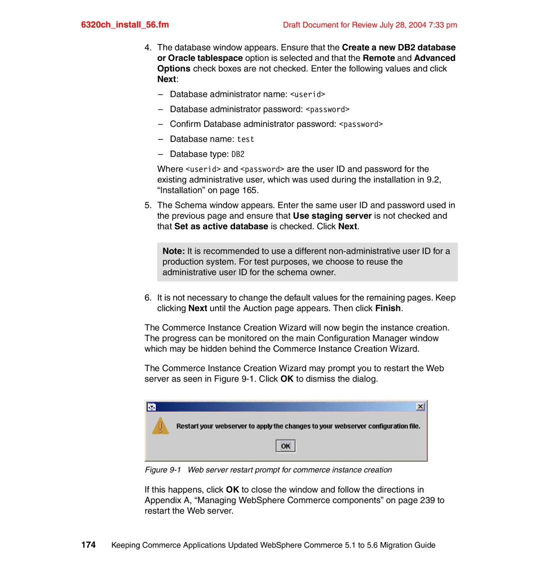 IBM SG24-6320-00 manual Web server restart prompt for commerce instance creation 