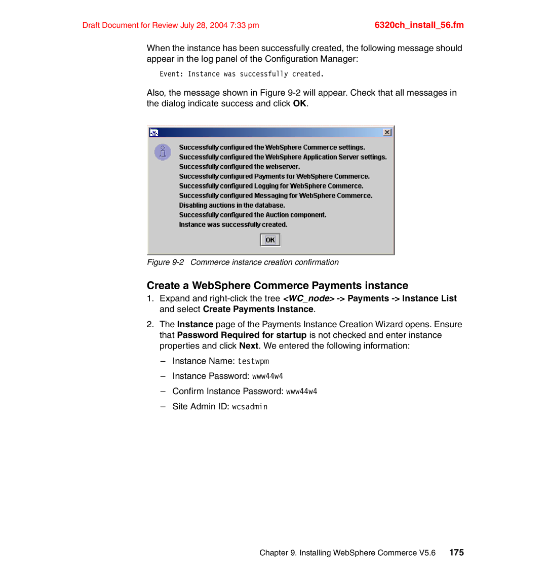 IBM SG24-6320-00 manual Create a WebSphere Commerce Payments instance, Commerce instance creation confirmation 
