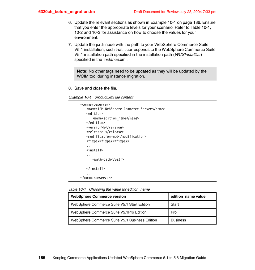 IBM SG24-6320-00 manual Example 10-1 product.xml file content, Choosing the value for editionname 