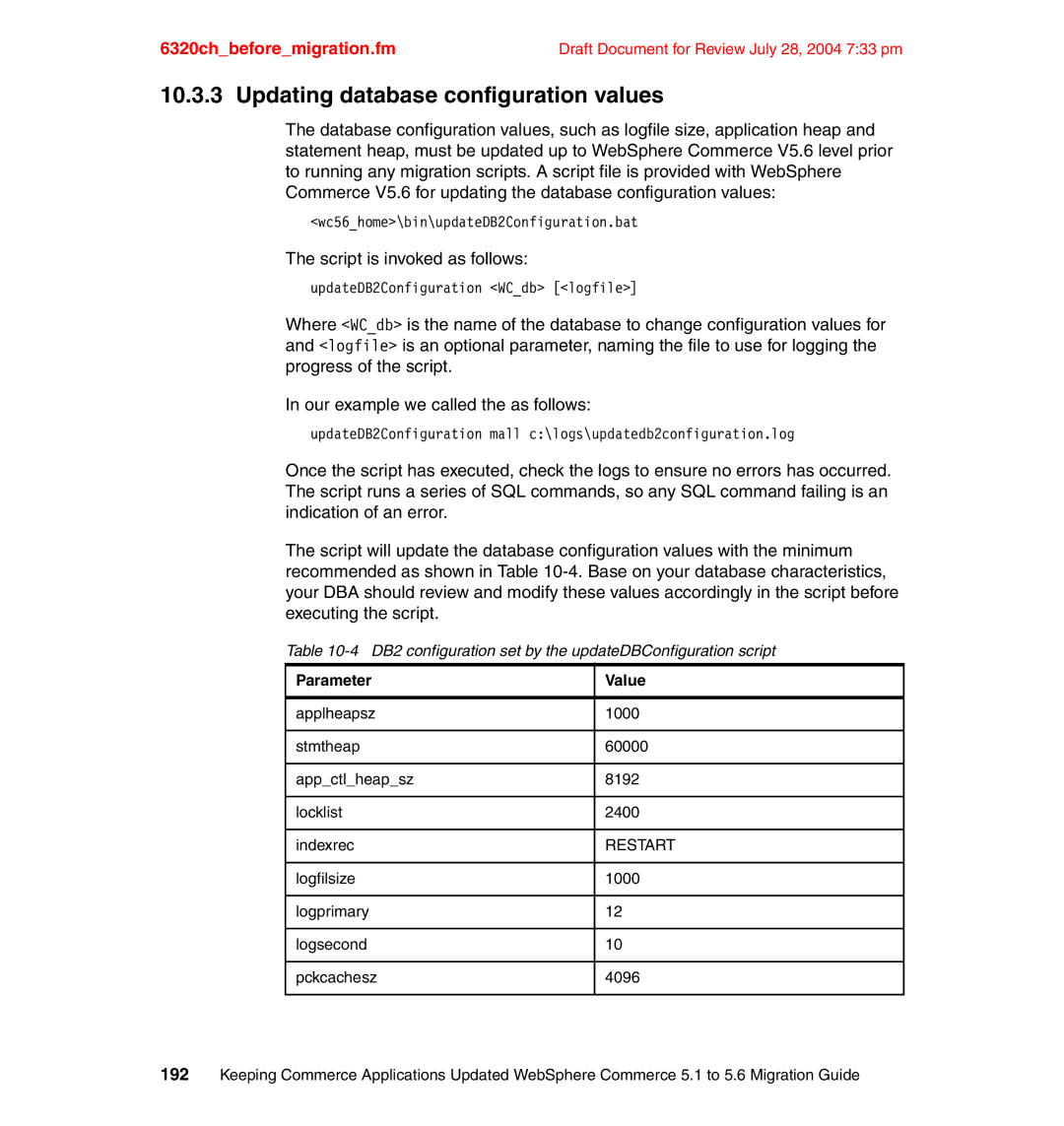 IBM SG24-6320-00 manual Updating database configuration values, Script is invoked as follows 