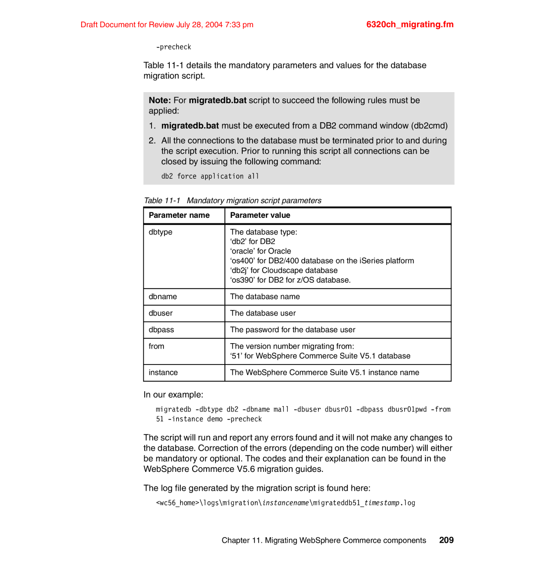 IBM SG24-6320-00 manual Mandatory migration script parameters, Parameter name Parameter value 