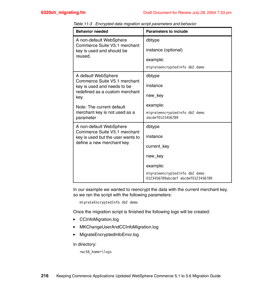 IBM SG24-6320-00 manual Parameter, Encrypted data migration script parameters and behavior 