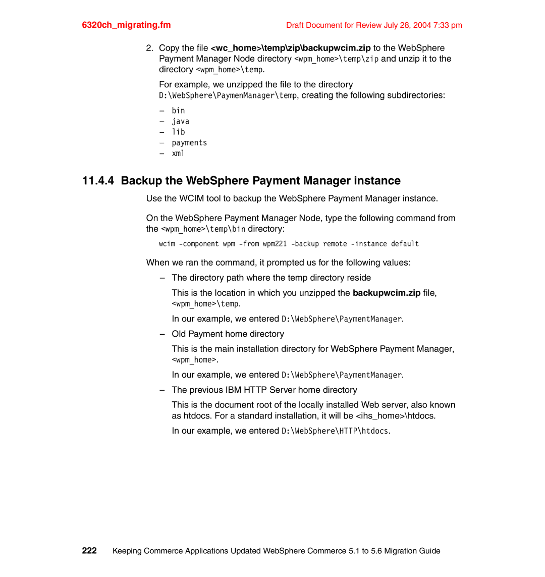 IBM SG24-6320-00 manual Backup the WebSphere Payment Manager instance 