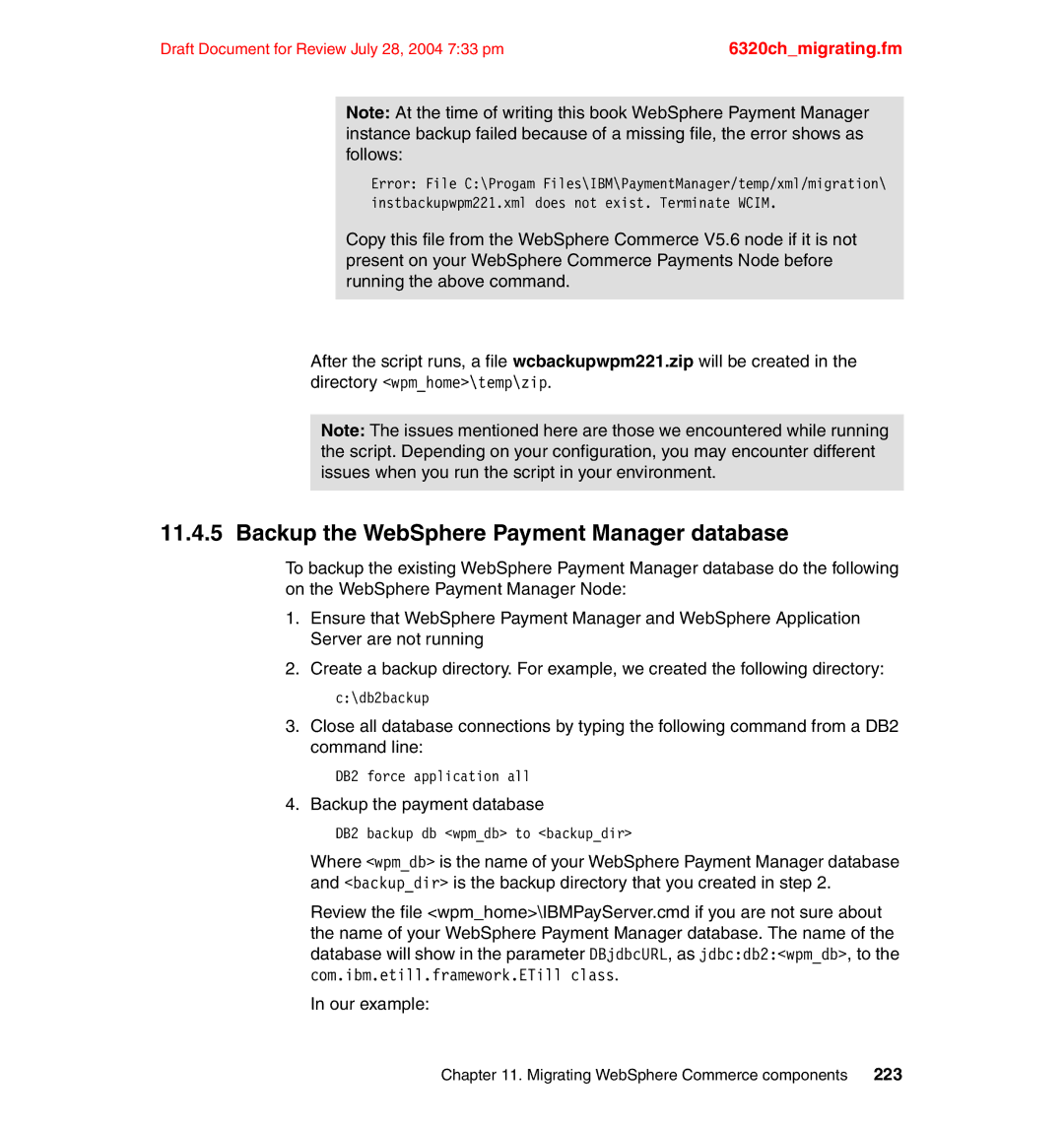 IBM SG24-6320-00 manual Backup the WebSphere Payment Manager database, Backup the payment database 