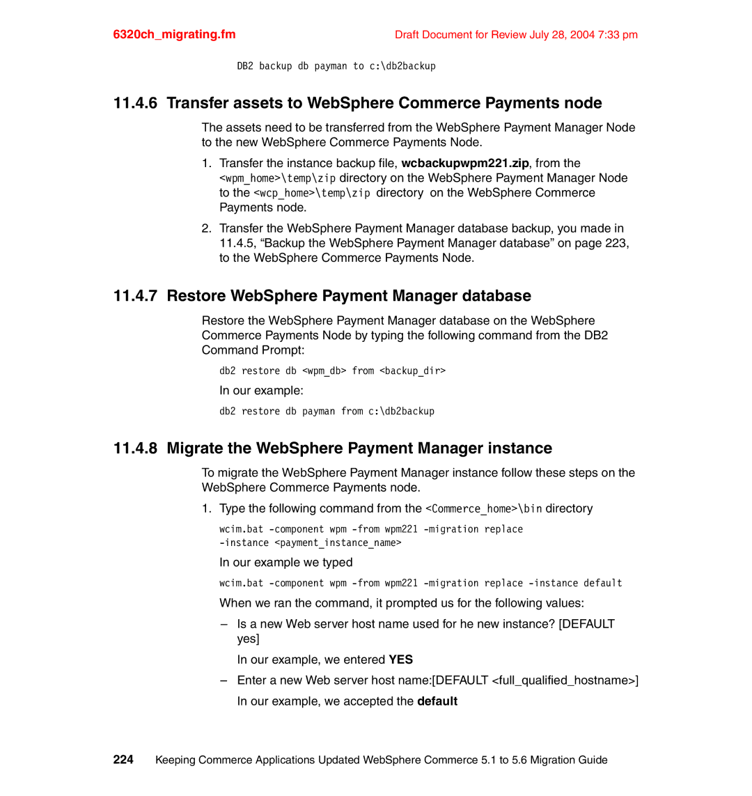 IBM SG24-6320-00 manual Transfer assets to WebSphere Commerce Payments node, Restore WebSphere Payment Manager database 