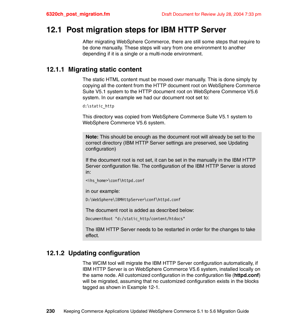 IBM SG24-6320-00 manual Post migration steps for IBM Http Server, Migrating static content, Updating configuration 