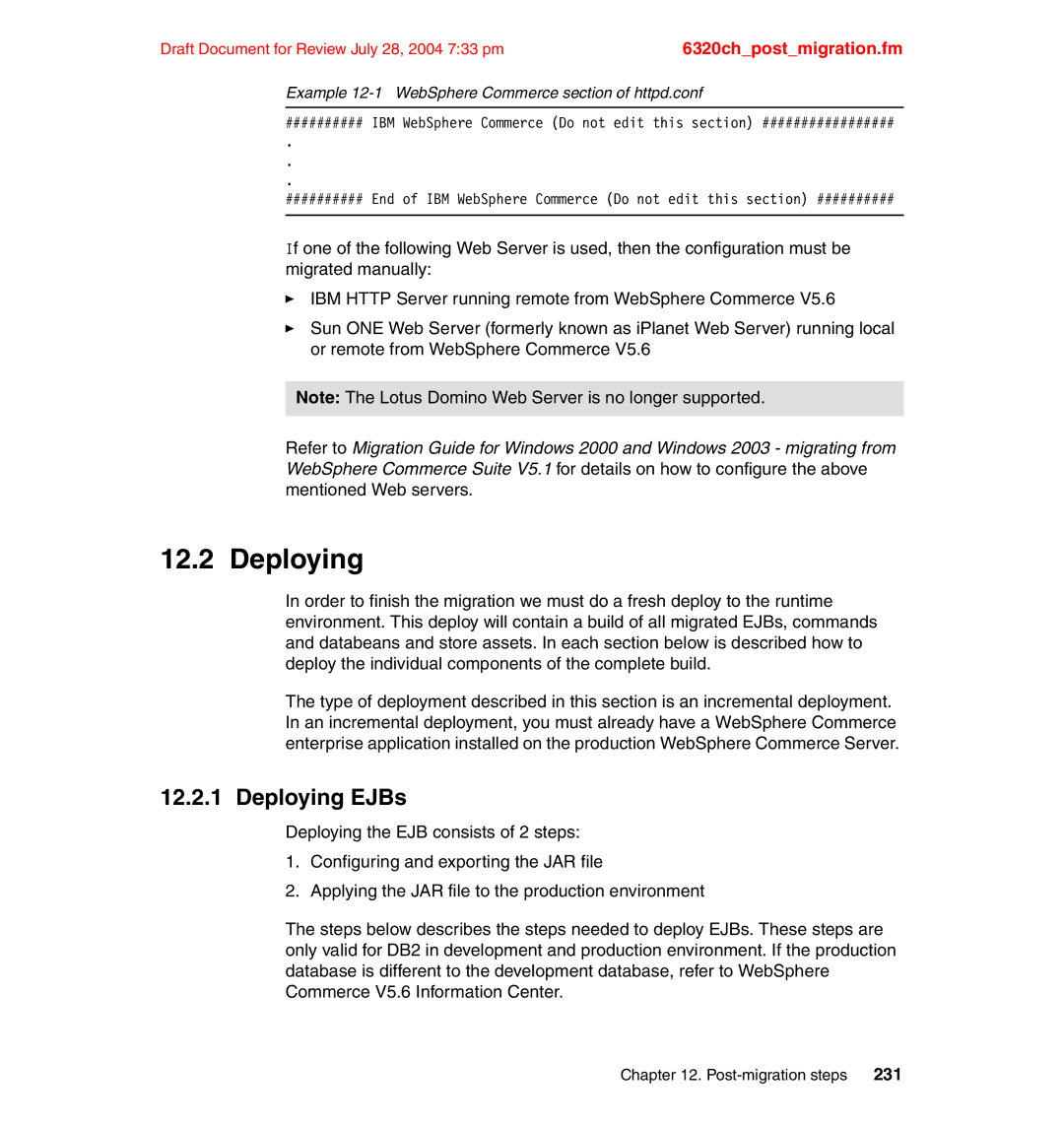 IBM SG24-6320-00 manual Deploying EJBs, Example 12-1 WebSphere Commerce section of httpd.conf 