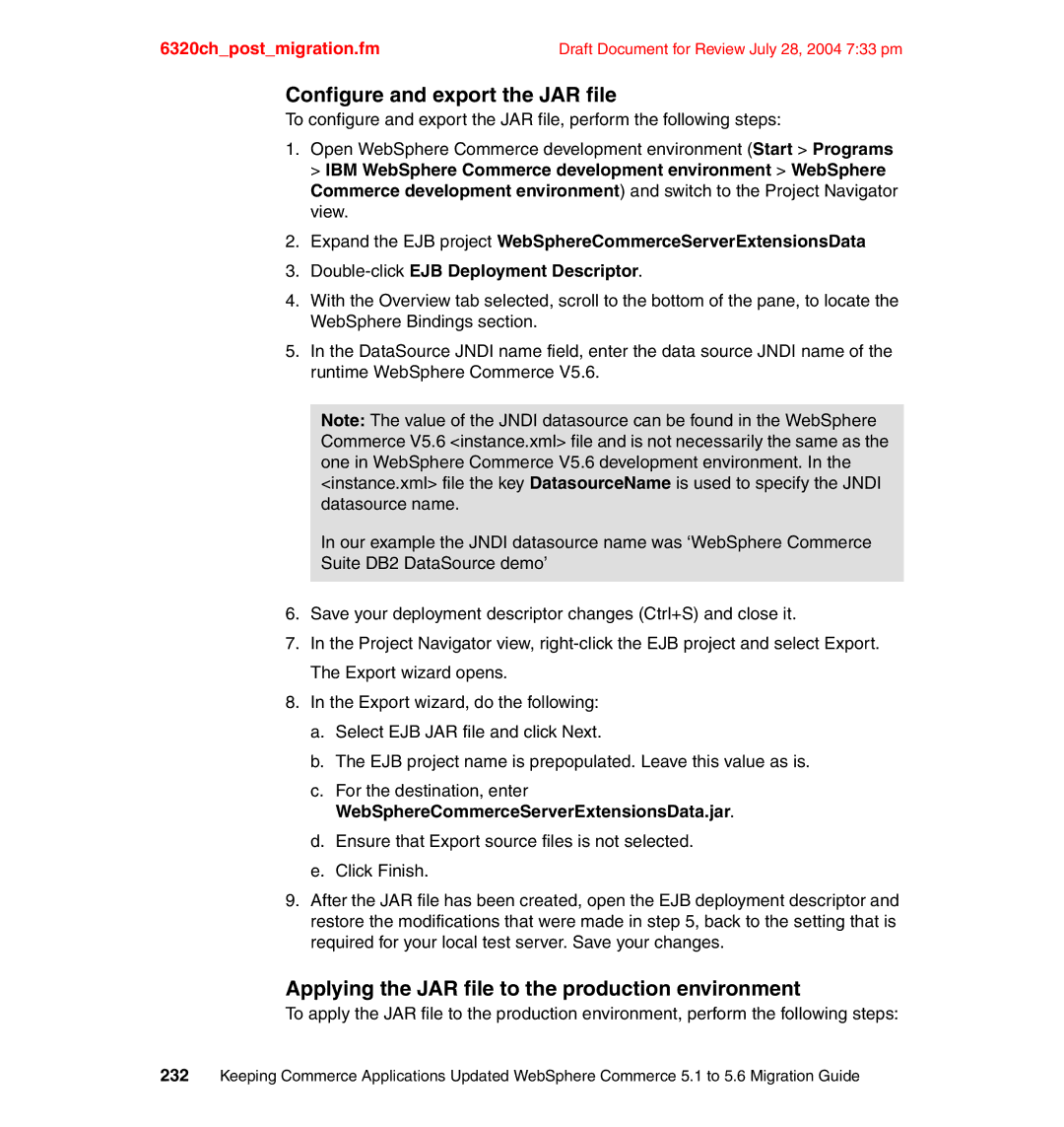 IBM SG24-6320-00 manual Configure and export the JAR file, Applying the JAR file to the production environment 