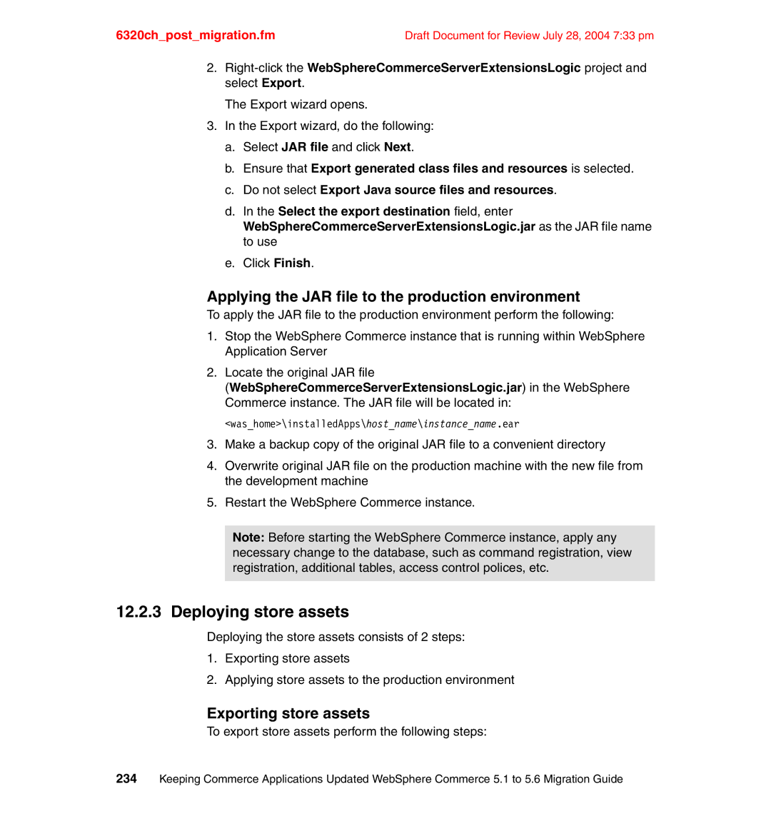 IBM SG24-6320-00 manual Deploying store assets, Exporting store assets, To export store assets perform the following steps 