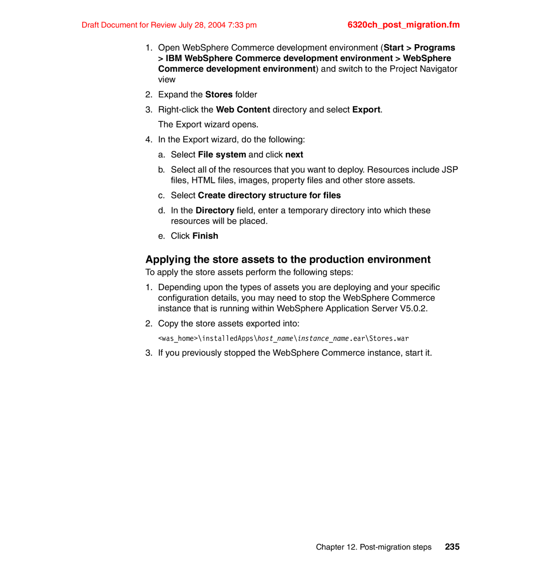 IBM SG24-6320-00 Applying the store assets to the production environment, Select Create directory structure for files 