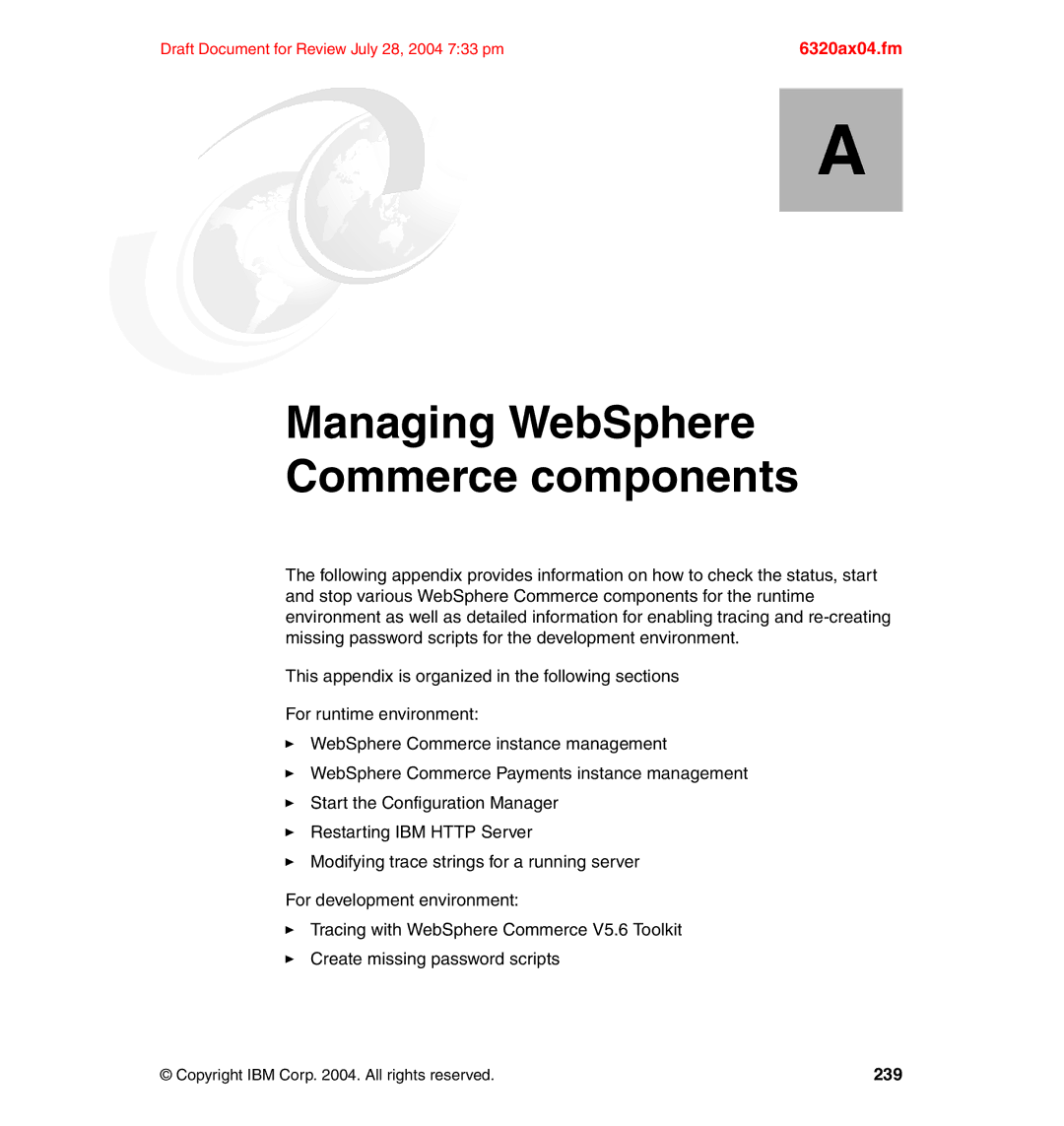 IBM SG24-6320-00 manual Appendix A. Managing WebSphere Commerce components 