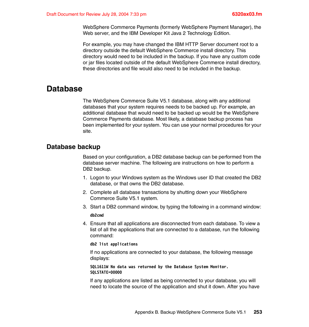 IBM SG24-6320-00 manual Database backup 