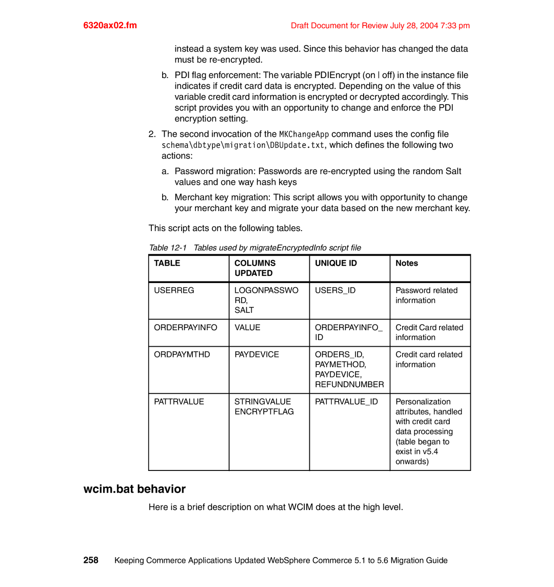 IBM SG24-6320-00 manual Wcim.bat behavior, Tables used by migrateEncryptedInfo script file 