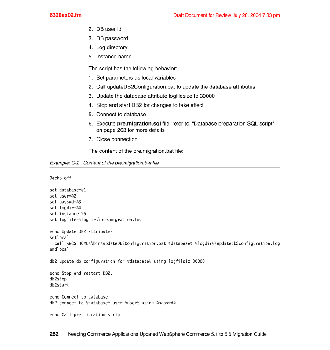 IBM SG24-6320-00 manual Example C-2 Content of the pre.migration.bat file 