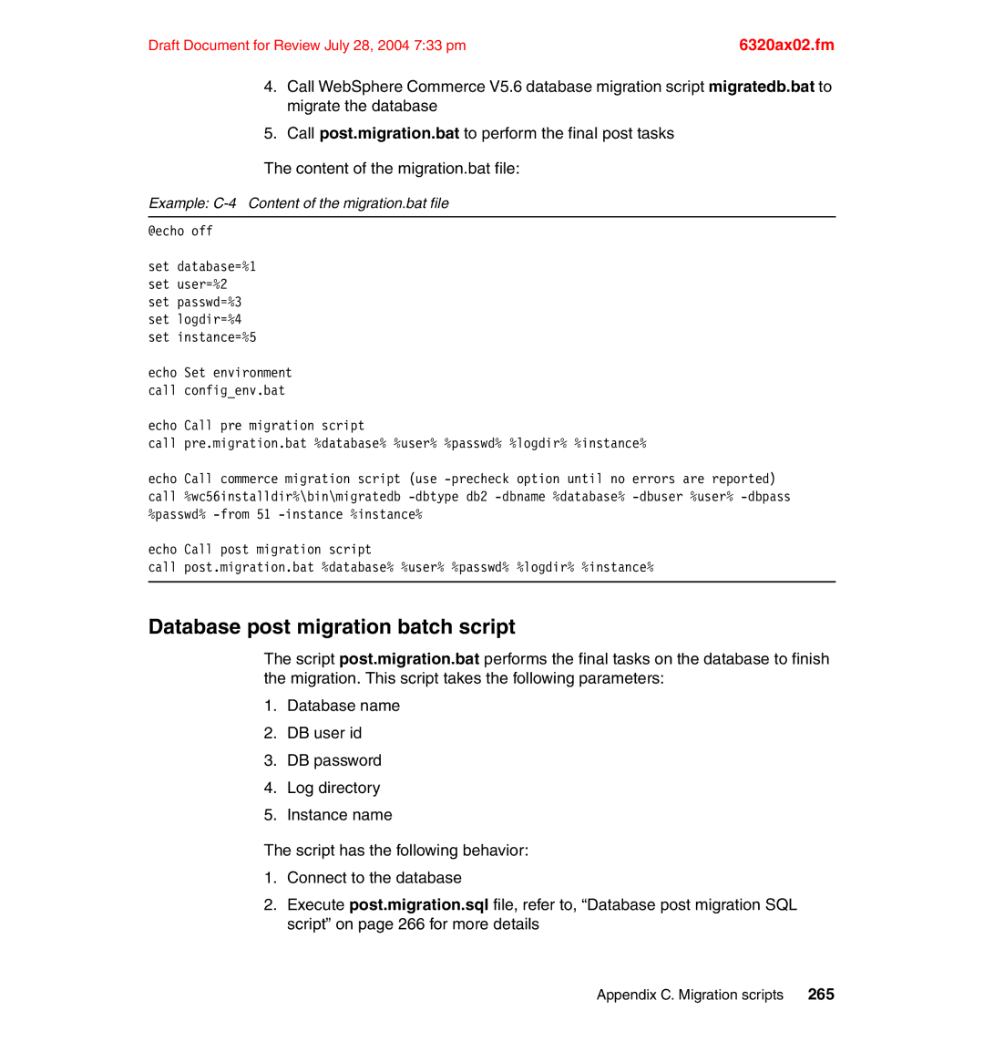 IBM SG24-6320-00 manual Database post migration batch script, Example C-4 Content of the migration.bat file 