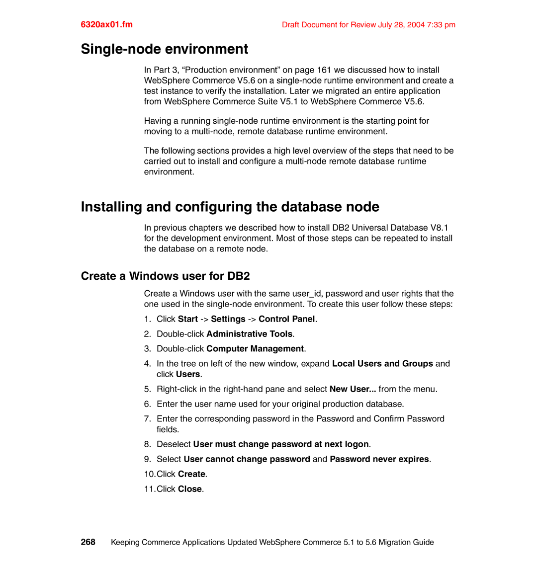 IBM SG24-6320-00 Single-node environment, Installing and configuring the database node, Create a Windows user for DB2 