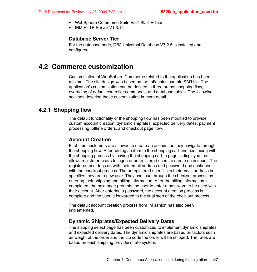 IBM SG24-6320-00 manual Commerce customization, Shopping flow, Database Server Tier, Account Creation 