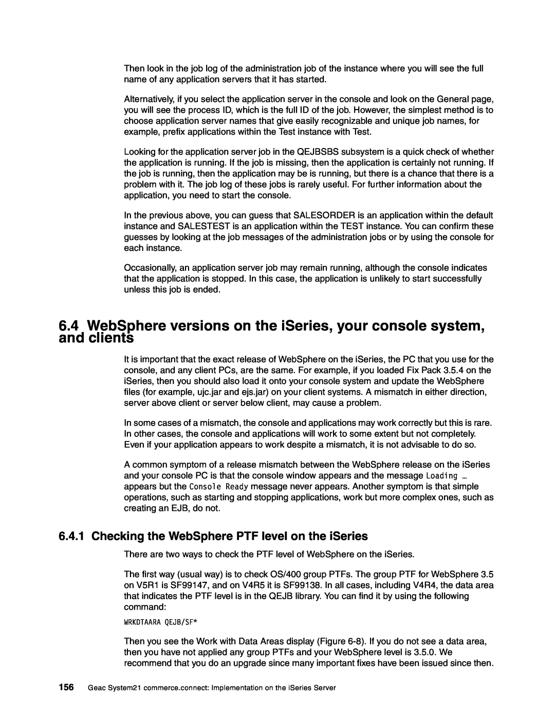 IBM SG24-6526-00 manual Checking the WebSphere PTF level on the iSeries 