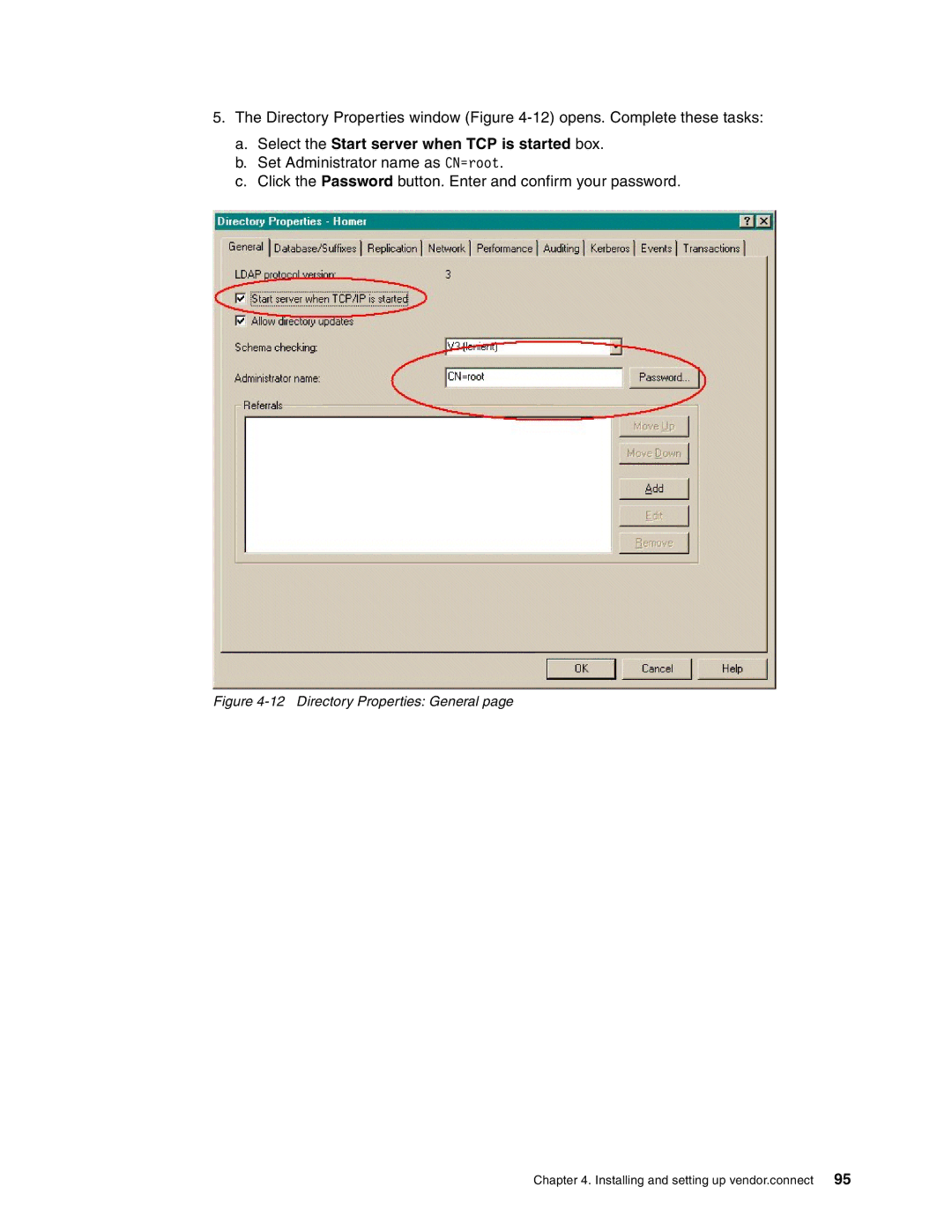 IBM SG24-6526-00 manual Select the Start server when TCP is started box, Directory Properties General 